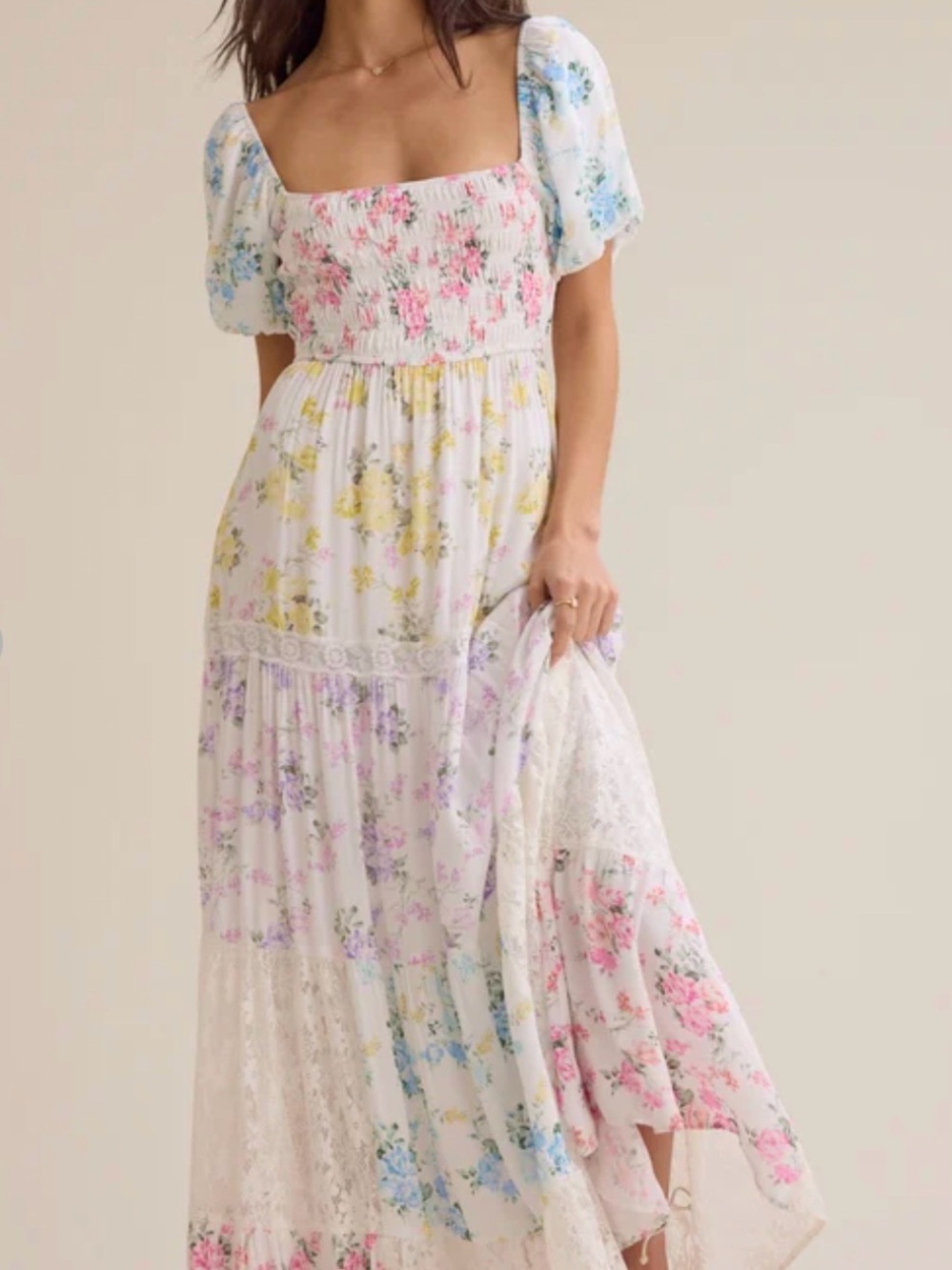 Altar'd State White Floral Smocked Maxi Dress with Pastel Blooms